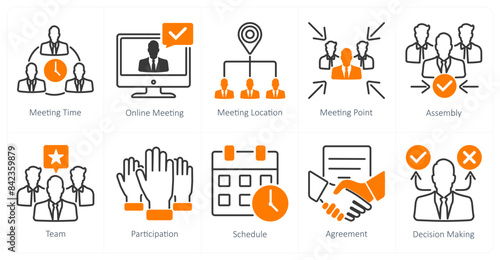 A set of 10 meeting icons as meeting time, online meeting, meeting location