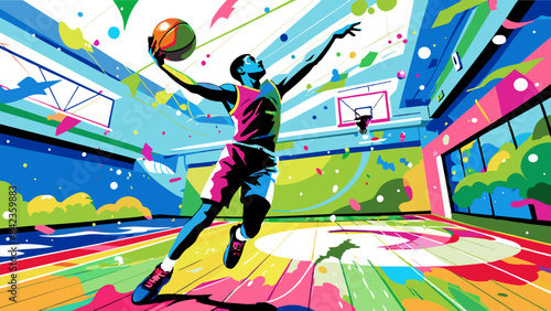 Dynamic Basketball Player Making a Jump Shot in a Colorful Court