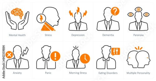 A set of 10 mental health icons as mental health, stress, depression