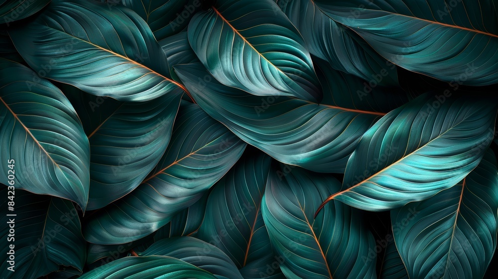 A vibrant, detailed pattern of overlapping turquoise and dark green feather leaves. Perfect for backgrounds, wallpapers, and nature-themed designs. A vibrant, detailed pattern of overlapping turquoise and dark green feather leaves. Perfect for backgrounds, wallpapers, and nature-themed designs.
