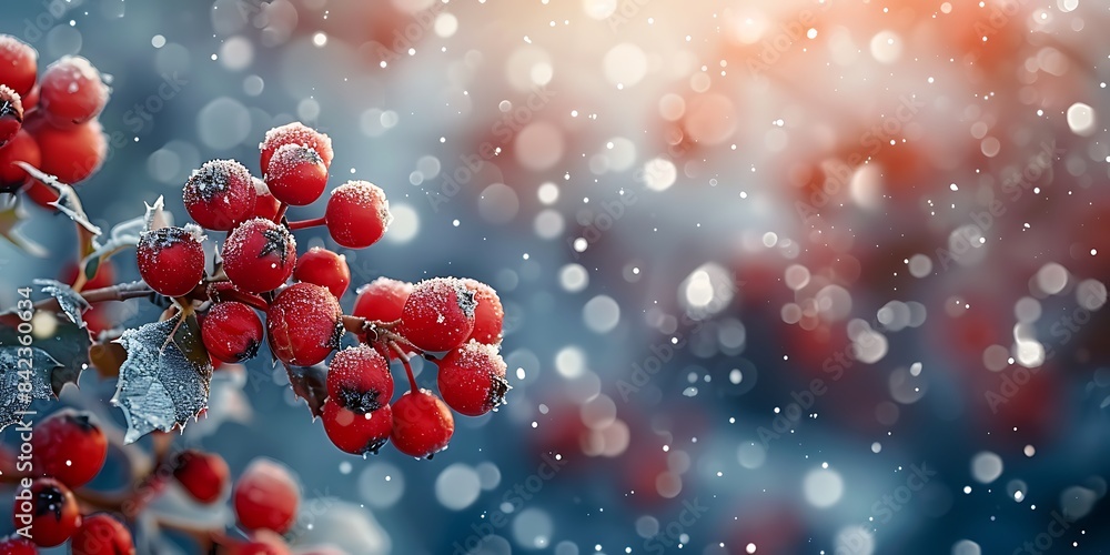 Frozen viburnum berries on blurred background with bokeh effect Frozen viburnum berries on blurred background with bokeh effect