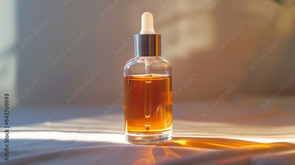 Detailed shot of organic skincare oil in a transparent bottle, elegant and pure, isolated background, studio lighting Detailed shot of organic skincare oil in a transparent bottle, elegant and pure, isolated background, studio lighting