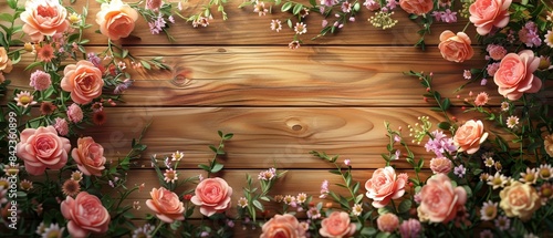 Beautiful floral border of roses and various flowers on a wooden background  perfect for a spring or summer themed design or invitation.