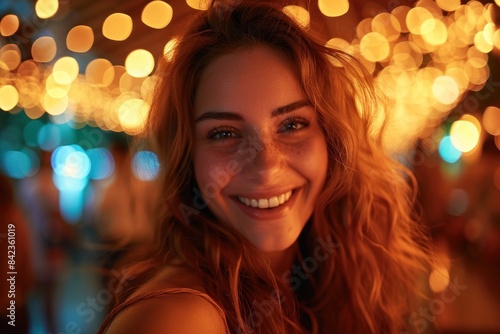 A close-up shot of a woman taking a selfie at a pub party She is smiling and the glow of the pub's ambient lighting highlights her face The background shows the blurred figures of other partygoers