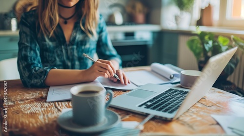 A casually dressed woman sits at a wooden table, engaged in work on her laptop with a notebook and cup of coffee