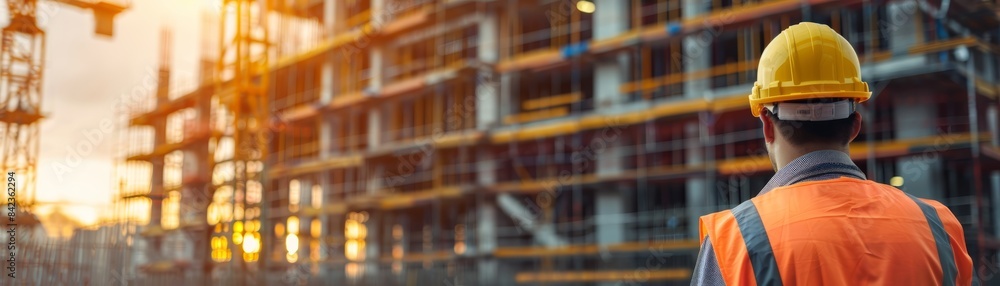 Construction worker wearing a hard hat and reflective vest observing a building site with scaffolding and structures at sunset. Construction worker wearing a hard hat and reflective vest observing a building site with scaffolding and structures at sunset.