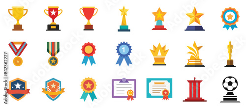 Awards Icons, vector flat cartoon illustration. Winner trophy - golden cup, medal, ribbon, laurel wreath, star badge, statue.