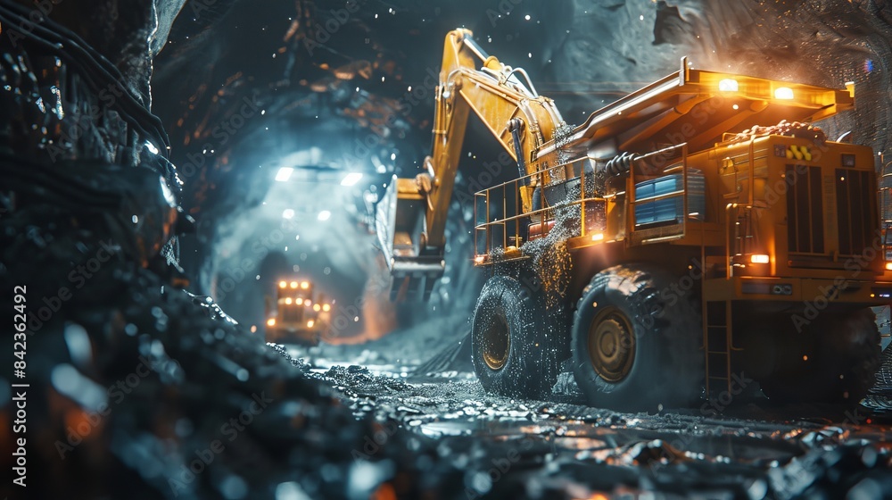 Heavy machinery in a subterranean mine, blurred miners extracting ore, surrounded by rough-hewn rock and flickering lights, gritty and realistic Heavy machinery in a subterranean mine, blurred miners extracting ore, surrounded by rough-hewn rock and flickering lights, gritty and realistic