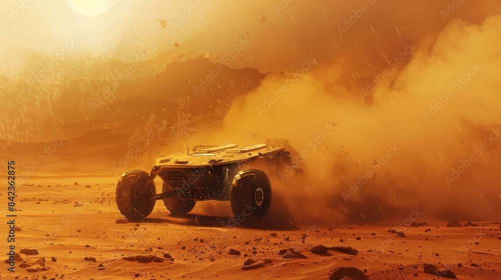 Exploration vehicle in high-speed motion on Mars, dust billowing, water splashing from a small crater, vast Martian plains extending to the horizon Exploration vehicle in high-speed motion on Mars, dust billowing, water splashing from a small crater, vast Martian plains extending to the horizon