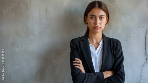 A woman with her arms crossed wearing a smart business suit, against a textured wall background photo