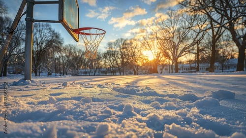 Focused shot of a basketball hoop during sunset in a snowy park, the icy rim and net casting long shadows on the fresh snow, vibrant and crisp atmosphere