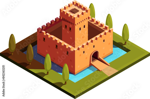 isometric icon of old castle in moat in park, vector illustration