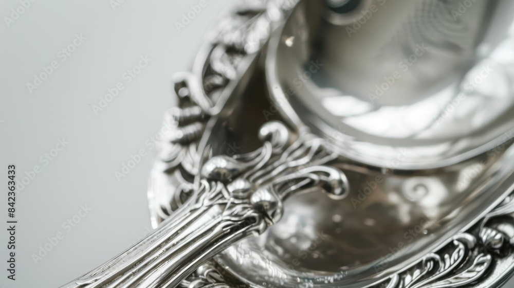 Macro close up of a silver ornamental spoon against a white backdrop Macro close up of a silver ornamental spoon against a white backdrop