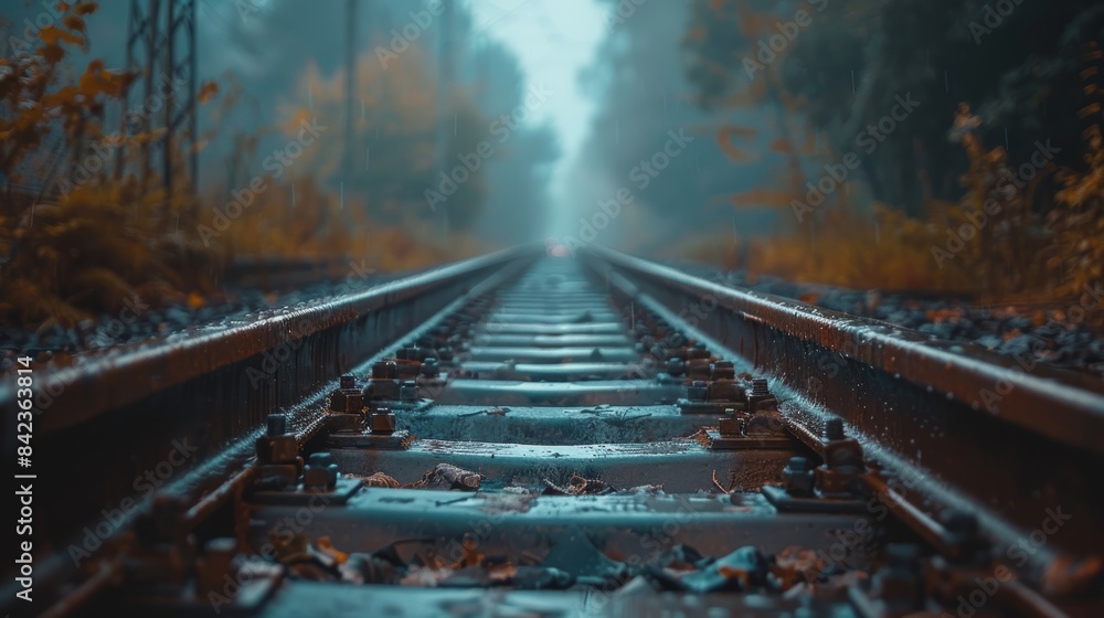 Fototapeta premium Close-up of train tracks, with focus on the steel rails and wooden ties, minimal surrounding environment, raw aesthetic