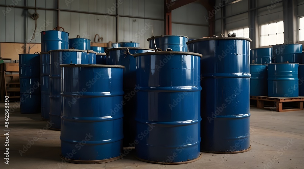 Barrels stock chemical products The metal barrels are blue.generative.ai Barrels stock chemical products The metal barrels are blue.generative.ai