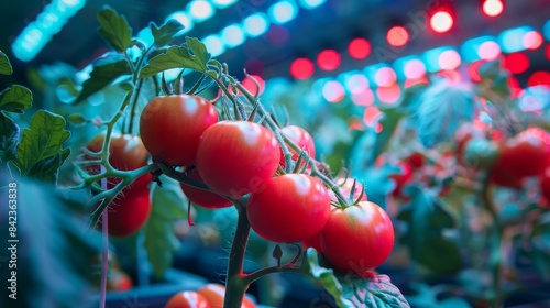 Close-up of tomato plants in a hydroponic setup, illuminated by red and blue LED lights, high-tech greenhouse environment