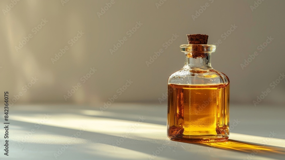 Close-up of organic oil in a transparent bottle, highlighting its golden hue and purity, isolated background, studio lighting Close-up of organic oil in a transparent bottle, highlighting its golden hue and purity, isolated background, studio lighting