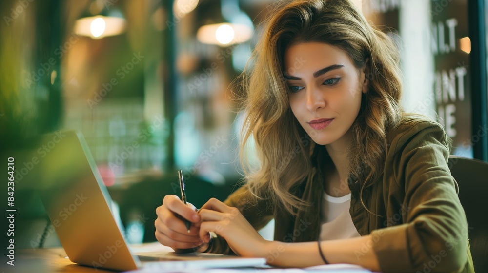 Fototapeta premium A woman is taking notes diligently beside her laptop amidst a cozy café setting, suggesting deep focus and intellectual activity
