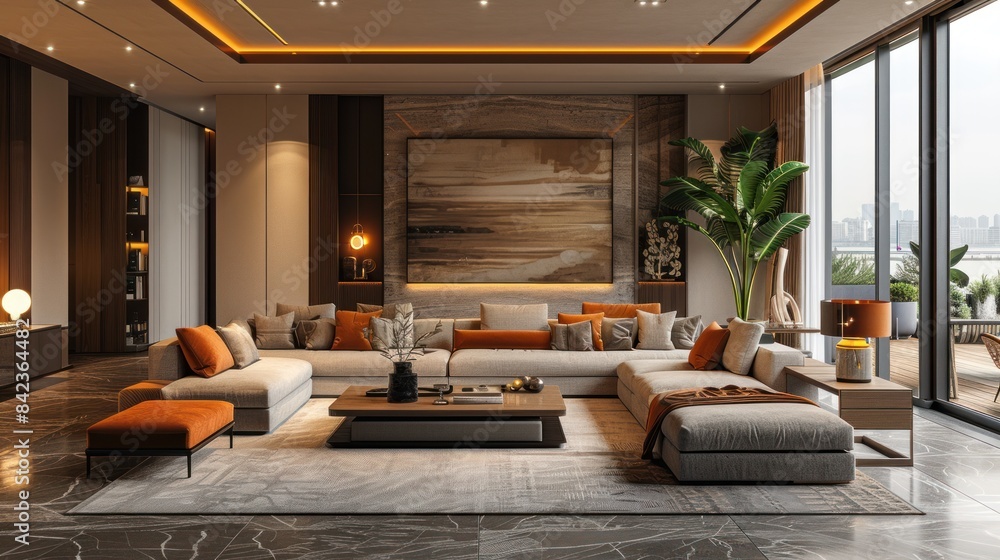 Fototapeta premium Panoramic interior of modern living room and soft sofa