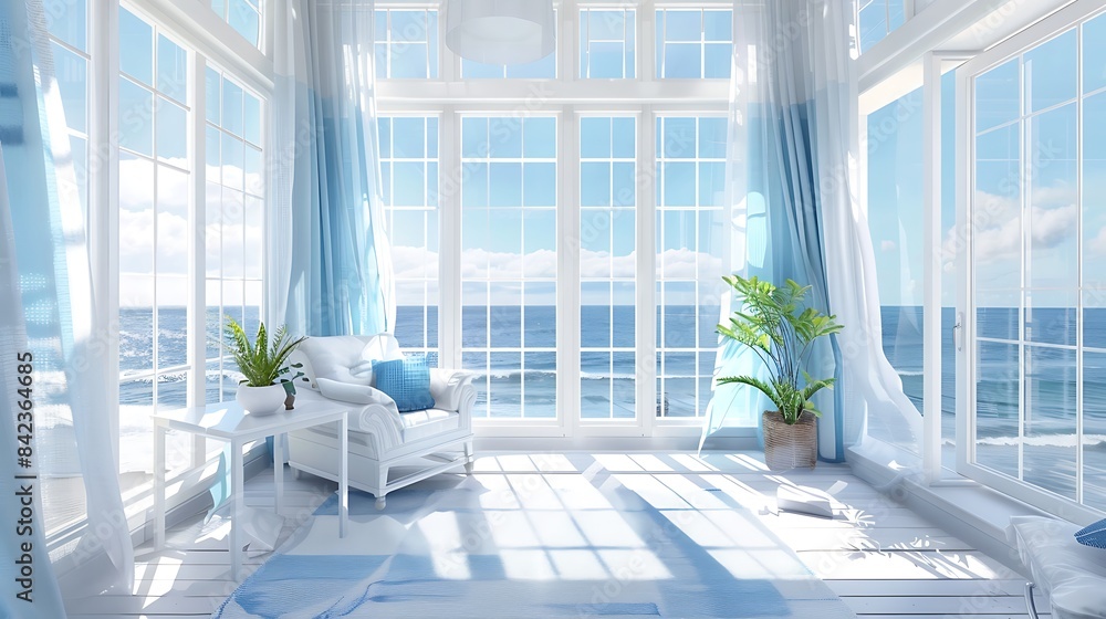A bright and airy sunroom overlooking the ocean, with large windows, white and blue decor, and a soft breeze rustling the curtains