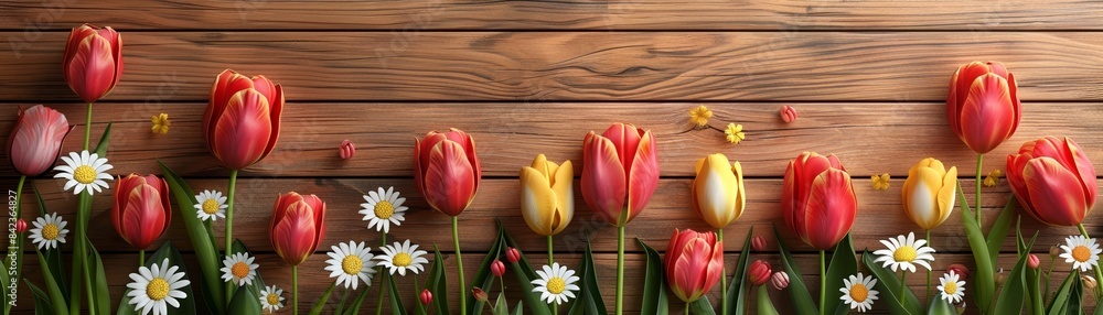 Vibrant tulips and daisies arranged against a wooden background. Perfect for spring themes, garden decor, or nature-inspired designs. Vibrant tulips and daisies arranged against a wooden background. Perfect for spring themes, garden decor, or nature-inspired designs.