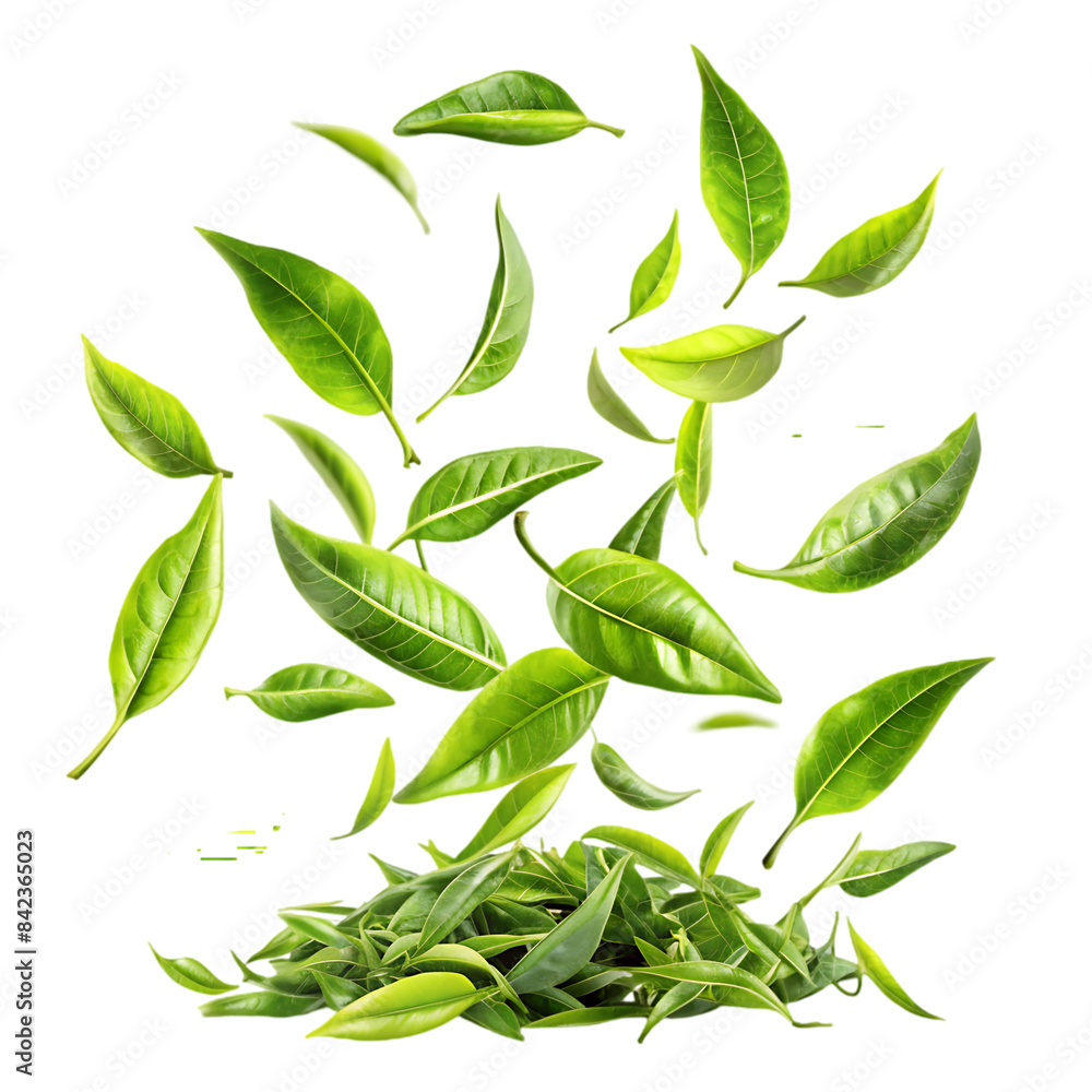 fresh green tea leaves falling transparent background fresh green tea leaves falling transparent background