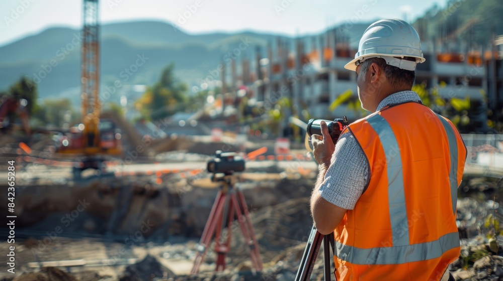 Surveyor in safety gear using equipment on a construction site with building structures and mountains in the background. Surveyor in safety gear using equipment on a construction site with building structures and mountains in the background.