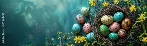 Easter Egg Hunt: Colorful Eggs in Nest Basket on Fresh Green Meadow - Greeting Card/Banner Design - Top View Flat Lay photo