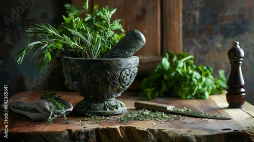 A pestle and mortar sits on a wooden kitchen surface with herbs in it, a chopping board is next to it and has fresh herbs and knife on it