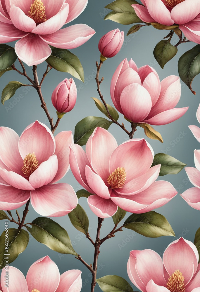 The seamless pattern features pink and red magnolia on a transparent background. Using the style of watercolor painting The seamless pattern features pink and red magnolia on a transparent background. Using the style of watercolor painting