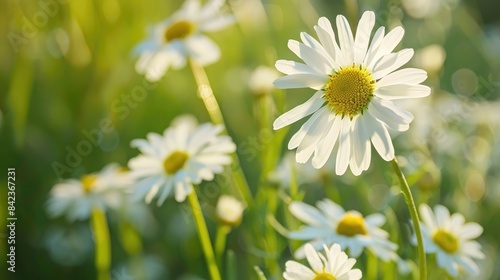 Close up photography of a chamomile banner in a field © CreativeBro