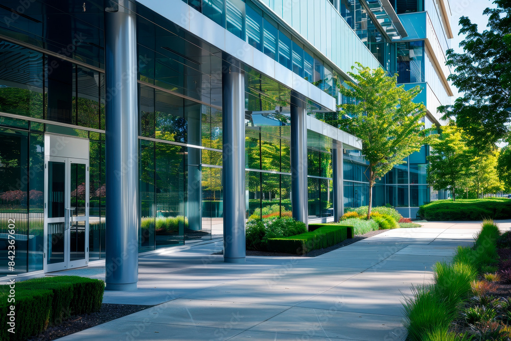 A contemporary office building with large glass windows and green landscaping. Professional environment. A contemporary office building with large glass windows and green landscaping. Professional environment.
