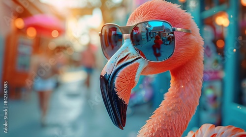 pink flamingo in sunglasses on summer background with copy space