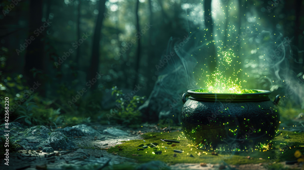 A witchs cauldron bubbling over with green potion in a dark forest A witchs cauldron bubbling over with green potion in a dark forest
