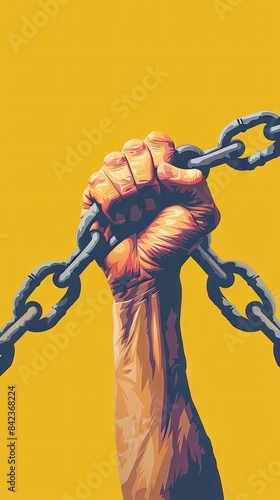 A powerful illustration of a raised fist breaking chains, symbolizing strength and freedom against a bold yellow background.