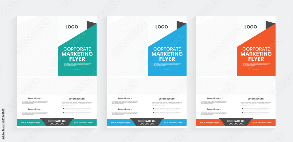 Business marketing vertical print flyer template with editable vector graphic design. Used for promotional advertising and report layout. Business marketing vertical print flyer template with editable vector graphic design. Used for promotional advertising and report layout.