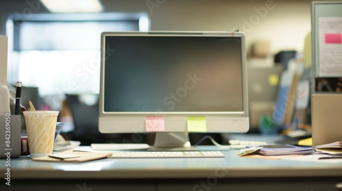 An office workspace featuring a computer monitor, keyboard, sticky notes, and a coffee cup on a desk © nopommajun