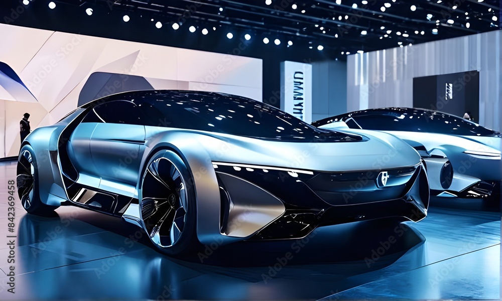 Obraz premium Showcasing newly invented hi-tech cars at a modern showroom, highlighting the latest advancements in automotive technology and innovation.