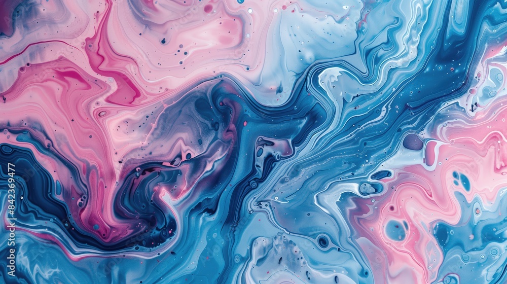 Obraz premium Swirling Liquid Pink Blue White Paint Background, Abstract Minimalist Wallpaper