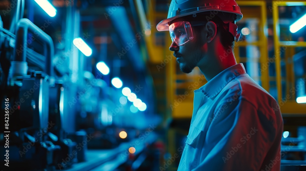 A male engineer in safety helmet stands in an industrial plant with blue ambient lighting A male engineer in safety helmet stands in an industrial plant with blue ambient lighting