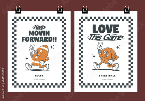 Funny cartoon character of Basket and rugby. Can be used as Sticker, posters, prints. Retro cartoon style. Vector illustration