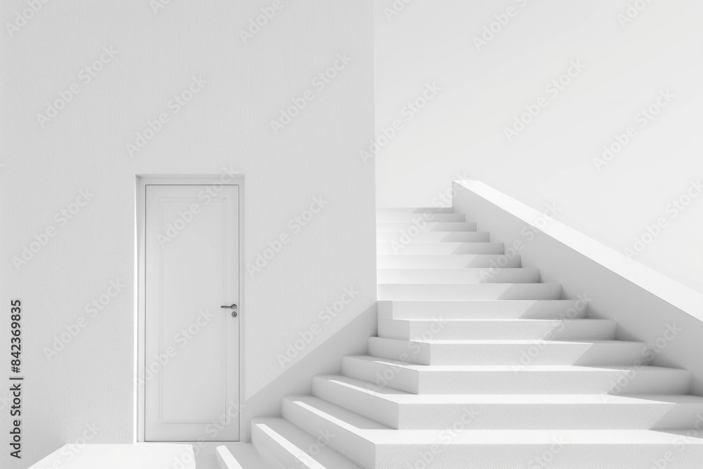 Plain door at the top of a simple, minimalist staircase. The steps are clean lines, and the background is a solid color, emphasizing the ascent to the door Plain door at the top of a simple, minimalist staircase. The steps are clean lines, and the background is a solid color, emphasizing the ascent to the door