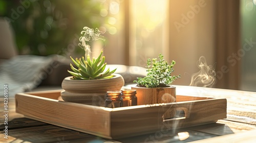 Wooden relax with aromatherapy treatment in a tray in a room interior