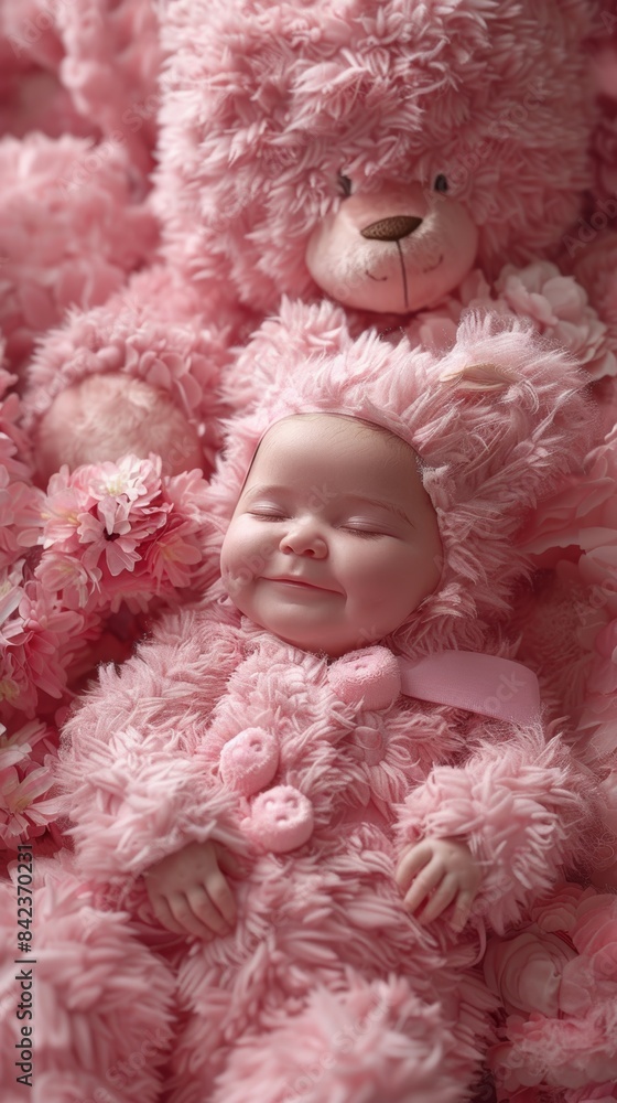 Smiling Baby in Pink Floral Surroundings Smiling Baby in Pink Floral Surroundings