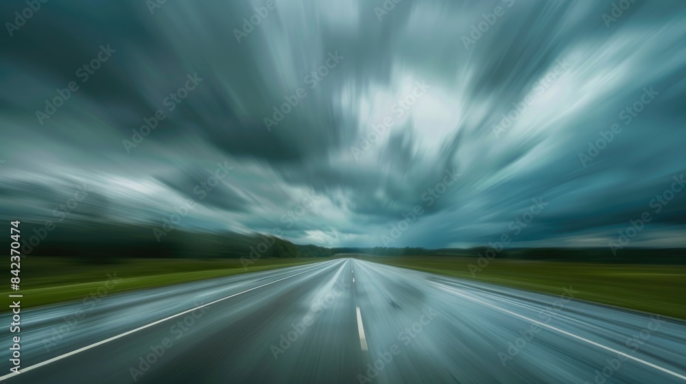 Naklejka premium Blurry speed amidst expansive dark clouds moving towards brightness