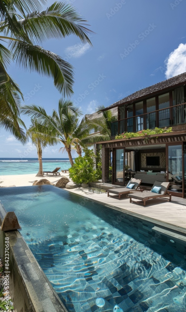 Fototapeta premium Luxurious beachfront residence with a beautiful swimming pool overlooking the sea.