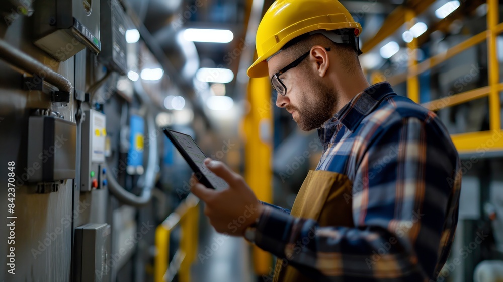 A technician in hard hat uses a tablet for machinery maintenance in an industrial setting A technician in hard hat uses a tablet for machinery maintenance in an industrial setting