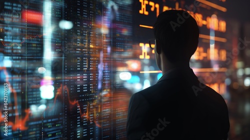 A man in a suit analyzes financial data across multiple digital screens with city backdrop