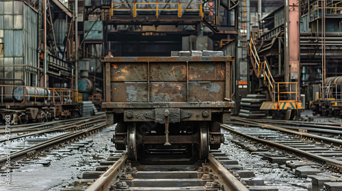 A single railroad car sits idle on a track amidst a complex industrial landscape. Its weathered metal body and rusted wheels hint at years of service