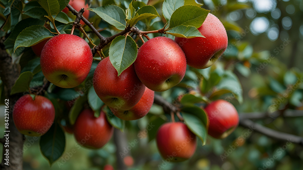 Lush red apples hang ripe and ready on the trees, ready for picking and enjoying their crisp, sweet juiciness fresh from the orchard. Lush red apples hang ripe and ready on the trees, ready for picking and enjoying their crisp, sweet juiciness fresh from the orchard.